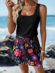 SHEIN LUNE Đầm ngắn in họa tiết kiểu dáng thường ngày dành cho nữ, thích hợp cho mùa xuân và mùa hè. - Nhiều màu - Xem 3