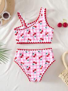 SHEIN Bộ đồ bơi 2 mảnh cho bé gái, áo camisole một vai dệt kim họa tiết kẻ caro và anh đào, quần bơi tam giác - Nhiều màu - Xem 2