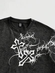 ROMWE MEN Street Life Men's Dark Thorn Cross Print T-Shirt - Black - View 3