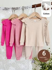 SHEIN 6pcs Baby Girl Knitted Solid Color Round Neck Ruffle T-Shirt And Pants Set - Multicolor - View 7