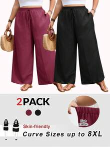 SHEIN CURVE+ Curve 尺码 US22 音乐节、海滨度假、波西米亚风两件套休闲纹理褶皱面料基础直筒裤，略微透视 - 彩色 - 查看 11