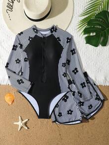 SHEIN Tween Girls Floral & Striped Print Zipper Long Sleeve One-Piece Swimwear & Shorts Set, Summer Beach Holiday - Black and White - View 1