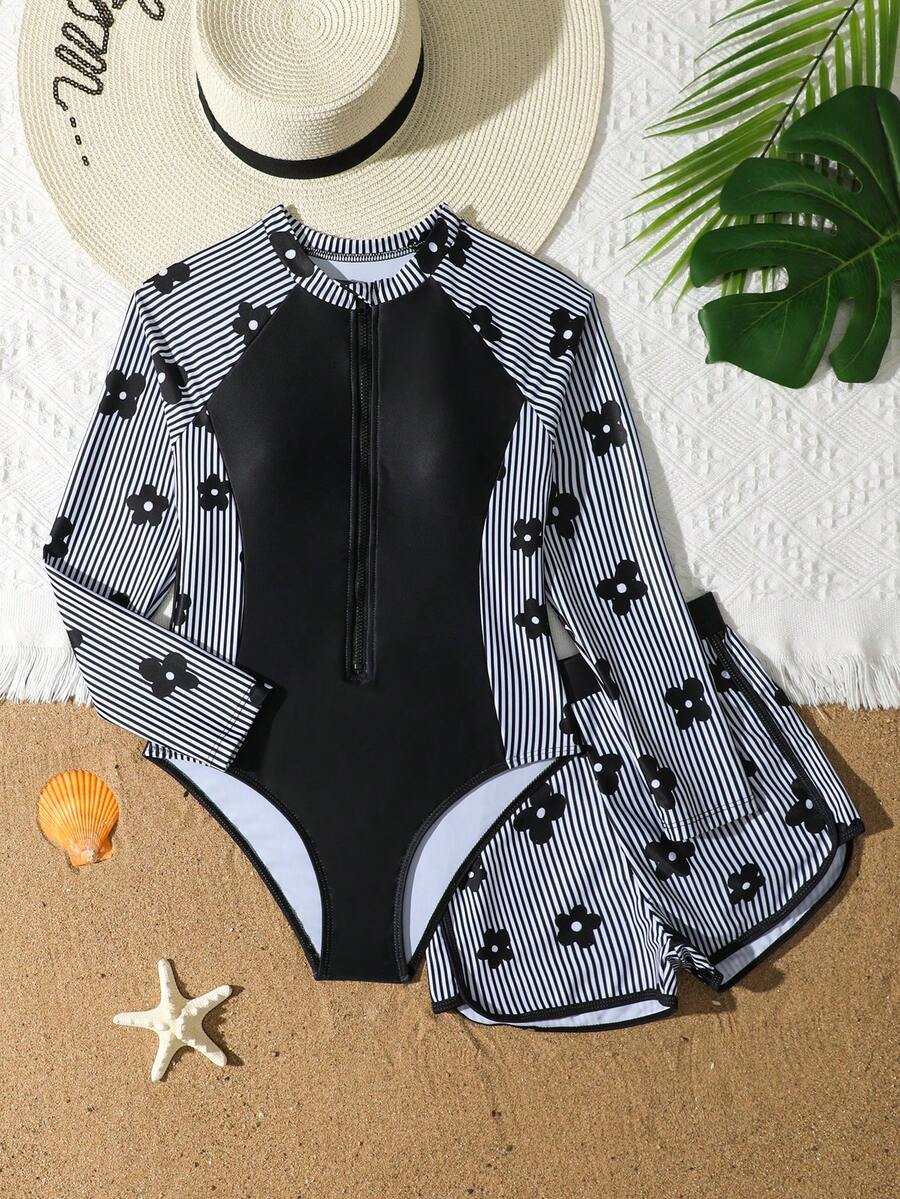 SHEIN Tween Girls Floral & Striped Print Zipper Long Sleeve One-Piece Swimwear & Shorts Set, Summer Beach Holiday - Black and White - View 1
