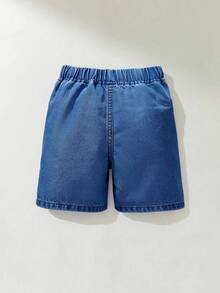 SHEIN Young Boy Elastic Waist Denim Shorts, Casual Washed Jeans - Medium Wash - View 2