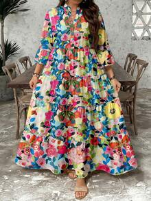 SHEIN LUNE Plus Size Women Casual Elegant All-Over Floral Print Dress, Suitable For Autumn/Winter - Multicolor - View 3