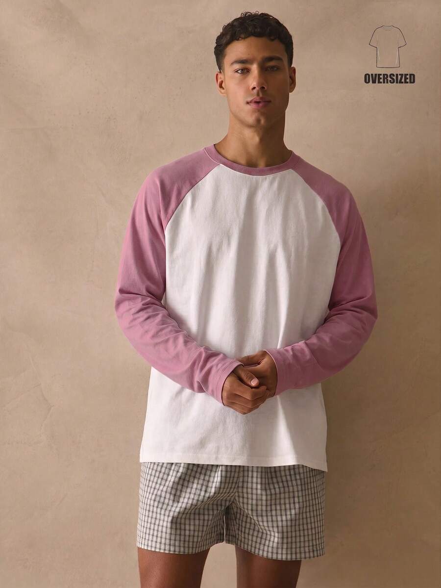 Musero Crew Neck Oversized Long Sleeve Dropped Shoulder Contrast Sleeves Tshirt Spring Summer Essentials - Pink - View 1