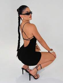 SHEIN SXY Black Sexy Backless Tight Jumpsuit - Black - View 3