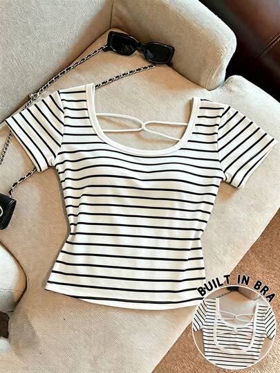 MYSTAURA Women's Striped Casual Hollow-Out Padded Camisole Short Sleeve T-Shirt