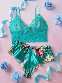 Elorette Set de lencería con encaje floral con lazo delantero - Verde - Ver 6