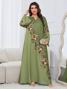 Al Najma Plus Size Women Floral Pattern V-Neck Long Sleeve Arabic Style Dress - Green - View 3