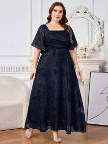 Reflora Plus Size Women's Square Neck Ruffle Sleeve Elegant Dress - Navy Blue - View 8