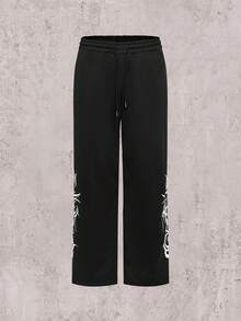 Skyrend Pantalón de chándal casual con estampado gráfico, corte y holgado, estampado de grafiti en inglés, ropa de calle cómoda para el verano, estilo emo de los 2000 - Negro - Ver 3