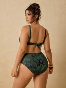 Conjunto de traje de baño estampado para mujer de talla grande, parte superior de traje de baño con lazo en el escote tipo bandeau - Verde Oscuro - Ver 2