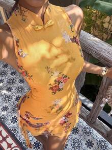 Sunnyshic 女士夏季休闲优雅度假日常百搭外出派对波西米亚复古佩斯利网纱印花多层荷叶边拼接立领无袖收腰短裙 - 彩色 - 查看 5