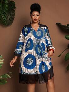 Maweii Plus Size Geometric Retro Print Contrast Color Tassel Loose Casual V-Neck Batwing Sleeve Dress - Blue and White - View 4