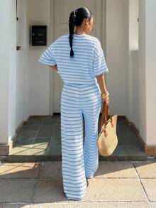 Muchica Women's Summer New Blue Textured Striped Loose Short Sleeve T-Shirt And Pants Set - Blue - View 2