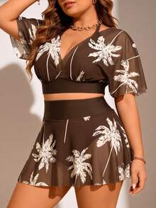 SHEIN Swim Curve 大尺碼女款深V棕櫚葉印花網格兩件式泳衣，修身顯瘦，度假風 - 咖啡棕 - 查看 3