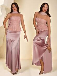 Coutiva Vestido de noche elegante y formal para mujer con diseño de parches y cinta de colores sin tirantes - Rosa Pálido - Ver 3