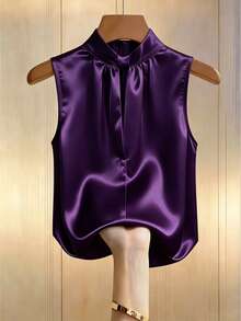 SHEIN LUNE 女士法式优雅缎面镂空褶皱领无袖衬衫 - 紫色 - 查看 3