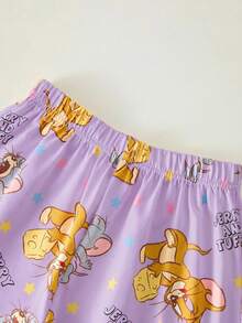 TOM & JERRY X SHEIN 少女卡通印花短袖上衣和短裤睡衣套装 - 紫色 - 查看 5