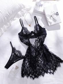 Crystal Vow 2pcs Lace Underwire Sheer Sexy Nightgown Set - Black - View 5
