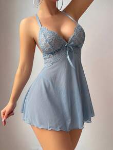SHEIN 2pcs/Set Sexy Lace & Mesh Backless A-Line Dress, Wine Red - Baby Blue - View 4
