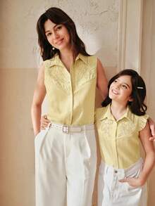 Anewsta Tween Girls' Sweet Cute Solid Color Faux Pearl Ruffle Armhole Blouse, Summer - Yellow - View 8