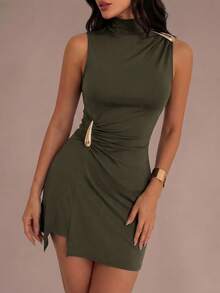 Avenya Sleeveless Metal Waist Ruched Slit Design Dress Night Out Party Olive Green Summer Sexy - Army Green - View 2