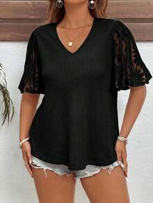 Reflora Camiseta de talla grande con mangas con volantes, de punto de gofre y parches - Negro - Ver 5