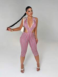 SHEIN SXY 女士条纹深V领露背紧身七分连体裤 - 紅白色 - 查看 5