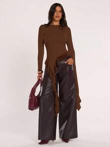 SHEIN BAE Women's Solid Color Ruffle Hem Fitted Casual Long Sleeve Top - Brown - View 6