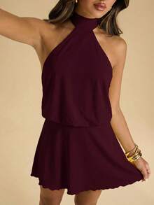 SHEIN BAE Đầm ngắn cổ yếm màu trơn thanh lịch dành cho nữ - Màu Tím - Xem 4
