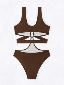 SHEIN Swim 女士纯色镂空连体泳衣，适合游泳、度假、夏季海滩 - 咖啡棕 - 查看 6