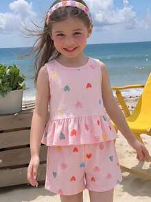 SHEIN Genkimix Kids Conjunto de verano para niñas de 4 a 7 años, estilo dulce y fresco, con top sin mangas con volantes y estampado de corazones de burbujas y arruga de agua, talla grande pantalón corto a juego estampado, de mezcla de algodón suave y ligera, adecuado para juegos al aire libre y uso diario casual en verano - Rosa - Ver 3