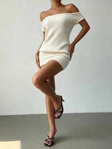 Glyssa Đầm dệt kim trễ vai mùa hè dành cho nữ - Màu be - Xem 4
