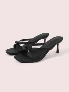 CUCCOO DOLLMOD Giày sandal nữ kiểu dáng châu Âu và Mỹ màu đen bằng satin có nơ, kiểu dáng hở mũi, gót nhọn. - màu đen - Xem 1