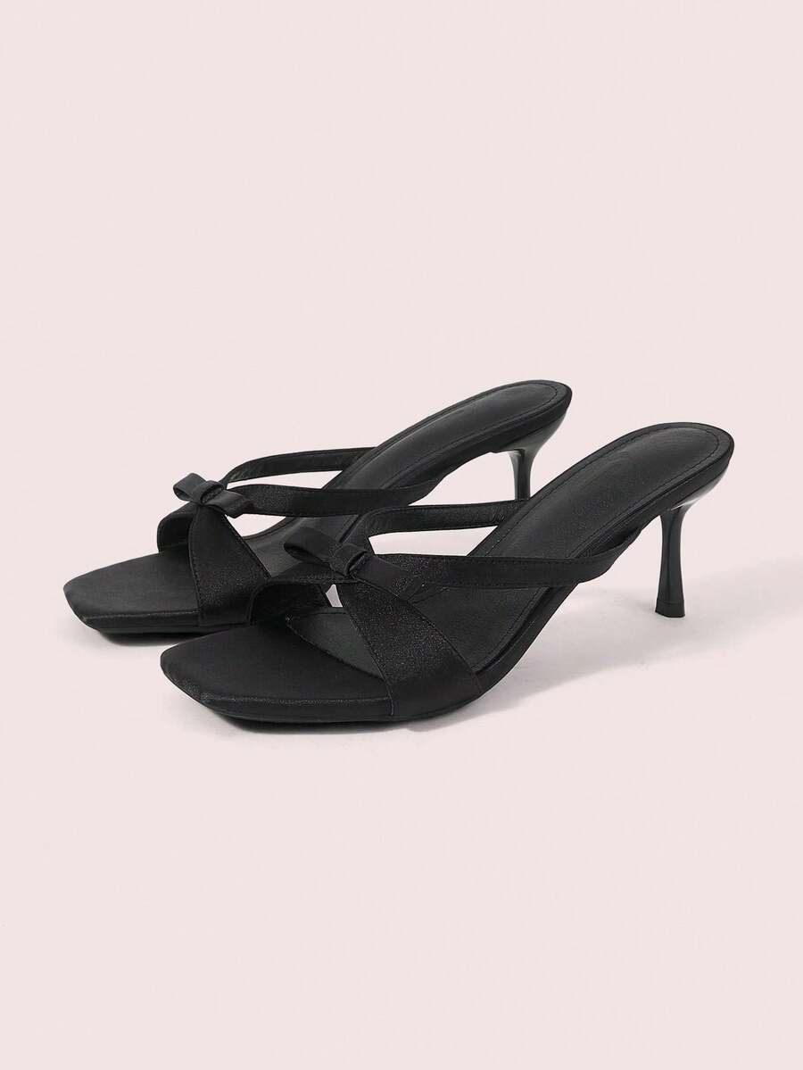CUCCOO DOLLMOD Giày sandal nữ kiểu dáng châu Âu và Mỹ màu đen bằng satin có nơ, kiểu dáng hở mũi, gót nhọn. - màu đen - Xem 1