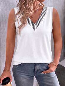 EMERY ROSE Plus Size V-Neck Striped Print Patchwork White Casual Tank Top - Multicolor - View 3