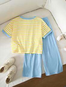 SHEIN 2 chiếc/Bộ Áo thun sọc thường ngày cho bé gái với họa tiết chó con dễ thương và quần legging - Nhiều màu - Xem 5