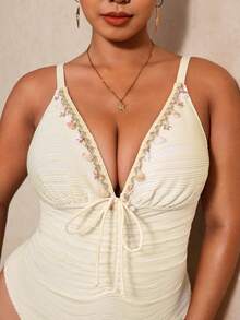 Elaquor Plus Size Women Shell Decor Ruched One-Piece Swimsuit, Suitable For Beach Vacation, Pool Party, Beach Party - Apricot - View 6