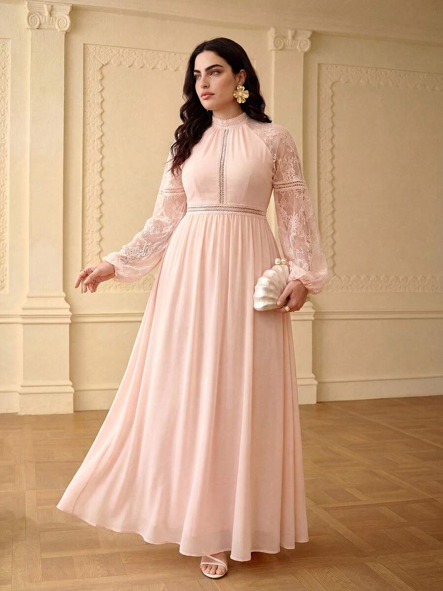 ZEYLAH Đầm chữ A phối ren trang nhã, lãng mạn, thích hợp cho mùa xuân/hè. - Hồng - Xem 1