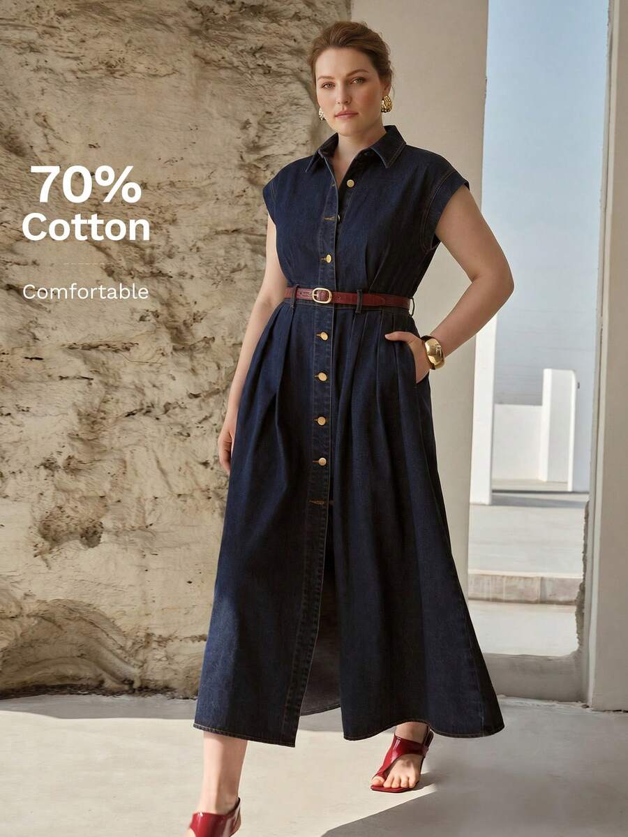 MOTF PREMIUM VESTIDO VAQUERO DE MANGA CORTA CON CUELLO VUELTO PARA MUJER TALLA GRANDE PARA USO DIARIO/CITAS, PRIMAVERA/VERANO - Azul - Ver 1