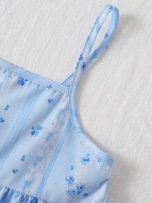 SHEIN Elladie kids 小女孩粉色碎花吊带背心和短裤套装，清爽舒适的夏季服装 - 藍色 - 查看 5