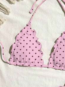 Swim Mod Women's Solid Color High Elasticity Frill Trim Bikini Set, Vacation - Pink - View 3
