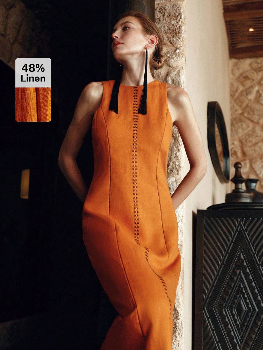 MOTF PREMIUM VESTIDO MIDI SIN MANGAS DE MEZCLA DE LINO CON DETALLES BORDADOS PARA MUJER - Naranja - Ver 1
