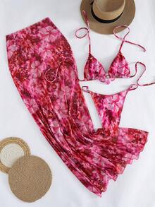 Bonvoyette Nuevo conjunto de 3 piezas de bikini con estampado floral tropical, falda envolvente maxi, conjunto sexy para vacaciones en la playa, primavera/verano - Multicolor - Ver 2