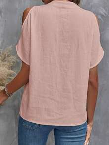 SHEIN Clasi Women's Regular V-Neck White 100% Cotton Short Sleeve Blouse, Versatile For Spring And Summer - Pink - View 2
