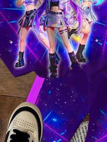 2件套少女休闲彩色渐变K-Pop明星卡通女团印花圆领短袖T恤和短裤套装，适合夏季穿着 - 彩色 - 查看 6
