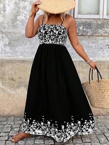 Breezaya Plus Size Spaghetti Strap Printed Dress For Vacation - Black - View 1