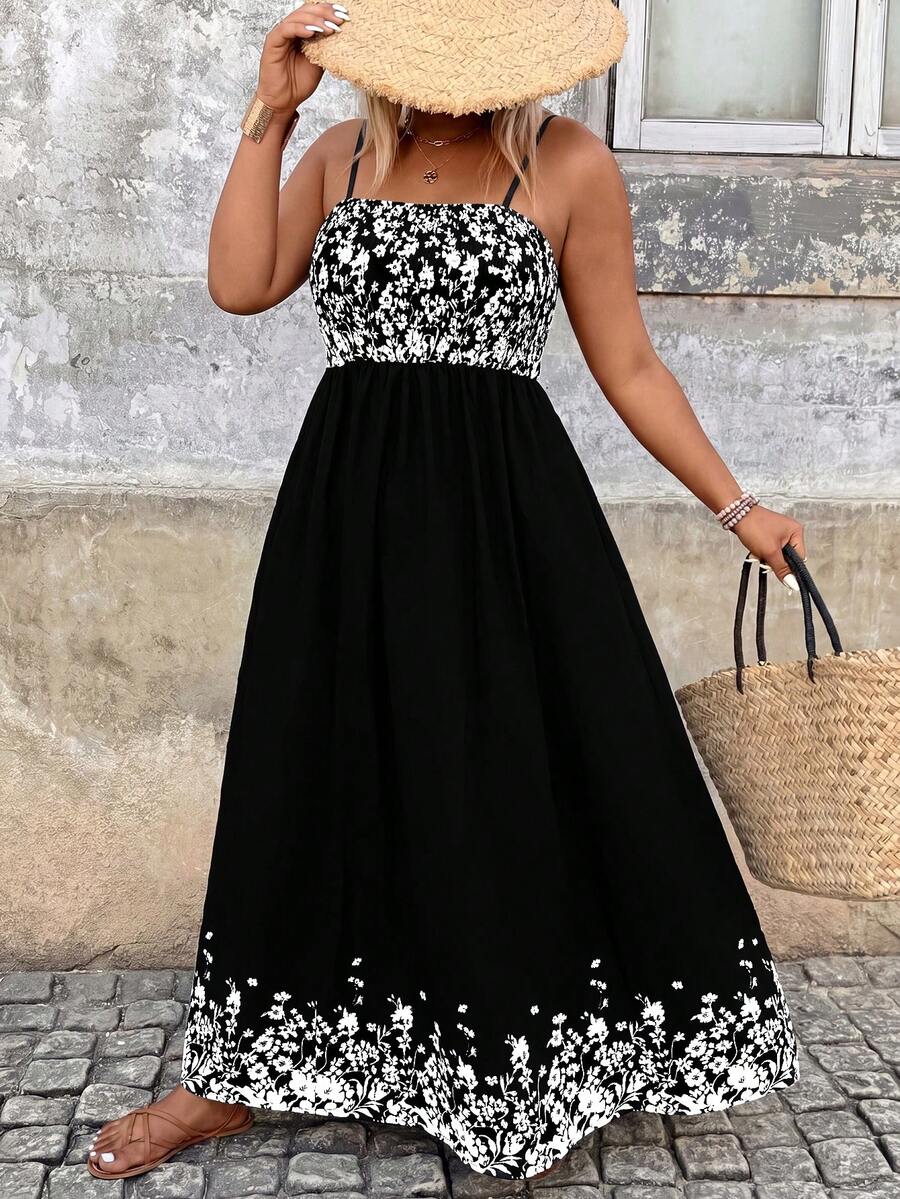 Breezaya Plus Size Spaghetti Strap Printed Dress For Vacation - Black - View 1